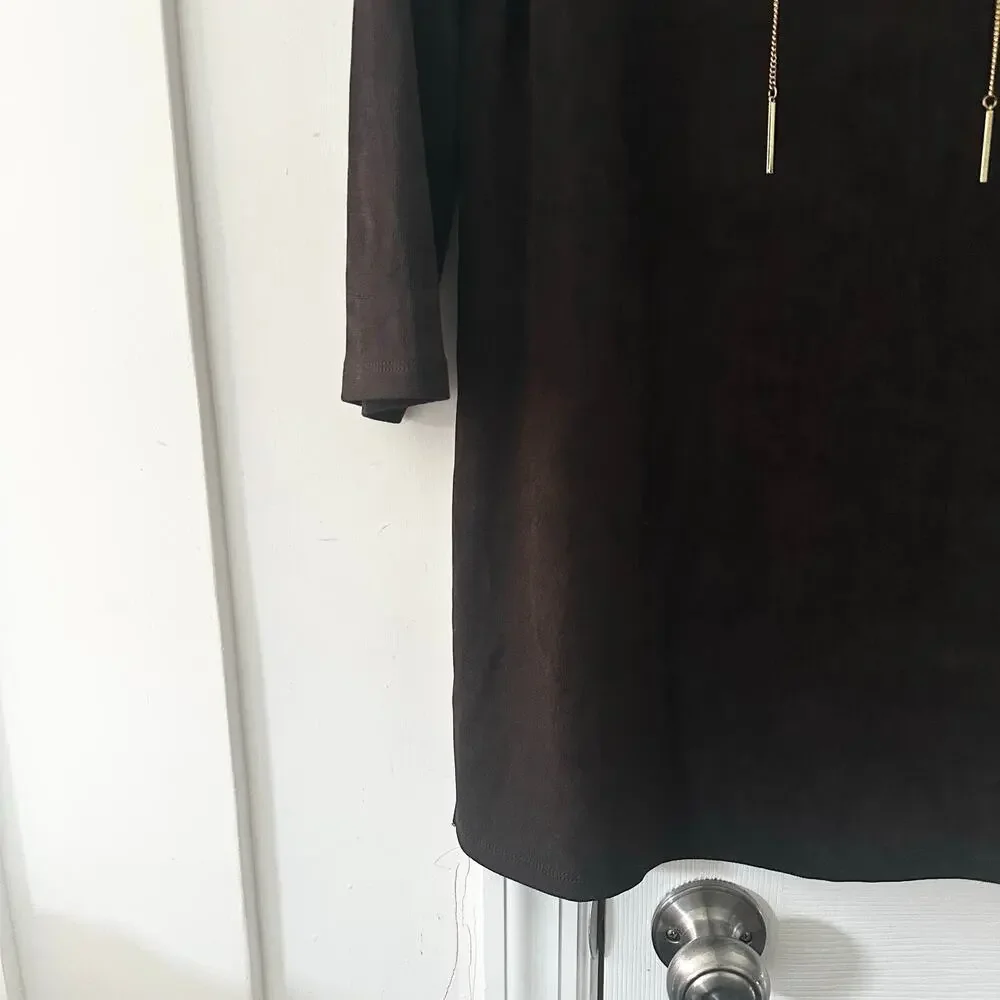 Travelers Chico's Chocolate Brown 3/4 Sleeve Slinky Tunic Top Laced Gold Chain 0 - Picture 4 of 7